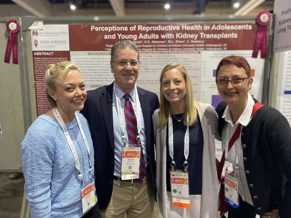 Congrats to Ally Brock, FNP-C, on being awarded a Poster of Distinction award on Perceptions of Reproductive Health in Adolescents and Young Adults with Kidney Transplants! Here with mentor @nailescu and Dr. William Goggins. @IUPedsKidney #ATC2023SanDiego #pedsneph