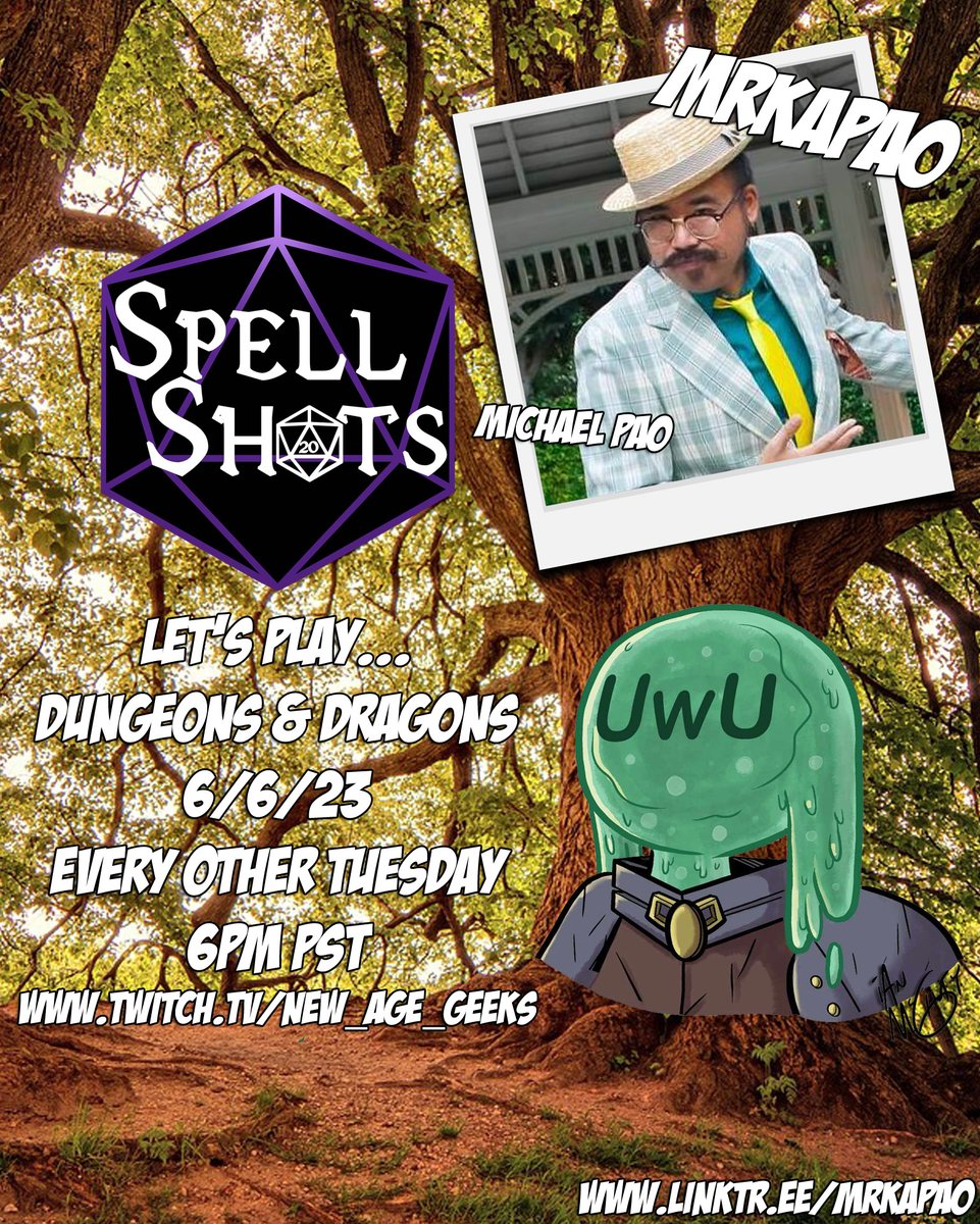 MrKaPao (@mrkapao) on Twitter photo "нєℓℓσ, му ηαмє ιѕ кєу!"
Join the #DnD #TTRPG #AP on <a href="/SpellShots/">SpellShots</a> via <a href="/Newagegeeks_/">New Age Geeks</a> on @TWITCH (/New_Age_Geeks)!
<a href="/AndrewJAlandy/">Andrew J. Alandy 🍥 ➡️ Training Arc</a> as Kadir, @jemboree as Mira, <a href="/mrkapao/">MrKaPao</a> as Key, <a href="/JeromyDeChant/">Jeromy TV</a> as the DM, and special guest player @RealMazzface as Turk the Goblin!
CA by <a href="/ianmcginty/">Ian McGinty</a> "нєℓℓσ, му ηαмє ιѕ кєу!"
Join the #DnD #TTRPG #AP on <a href="/SpellShots/">SpellShots</a> via <a href="/Newagegeeks_/">New Age Geeks</a> on @TWITCH (/New_Age_Geeks)!
<a href="/AndrewJAlandy/">Andrew J. Alandy 🍥 ➡️ Training Arc</a> as Kadir, @jemboree as Mira, <a href="/mrkapao/">MrKaPao</a> as Key, <a href="/JeromyDeChant/">Jeromy TV</a> as the DM, and special guest player @RealMazzface as Turk the Goblin!
CA by <a href="/ianmcginty/">Ian McGinty</a>