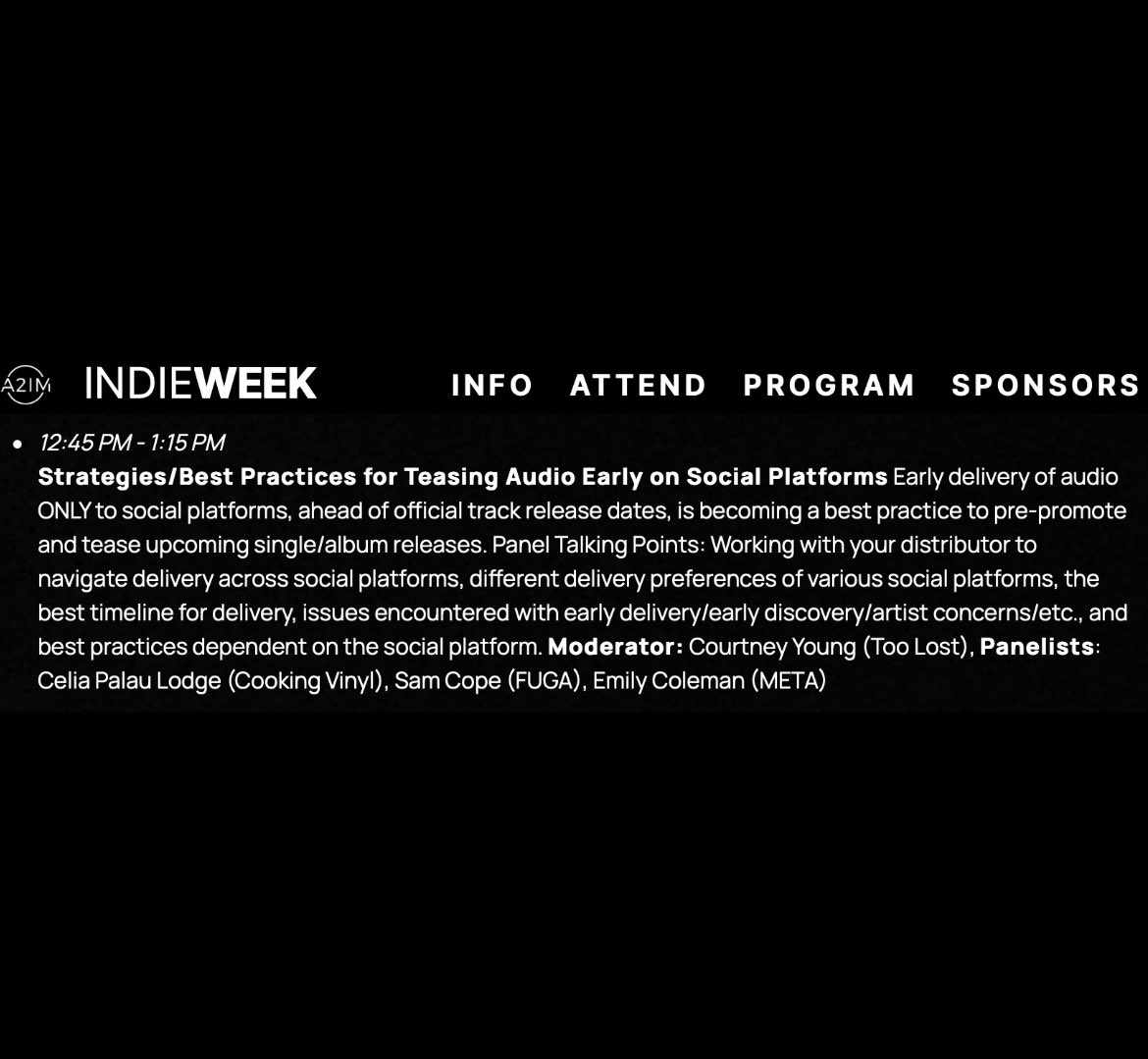 excited to nerd out about marketing & release strategy (to willing participants vs subject friends/peers lol) w/ some super awesome humans 💘✨

hmu if you’ll be in ny for #A2IMIndieWeek @a2im