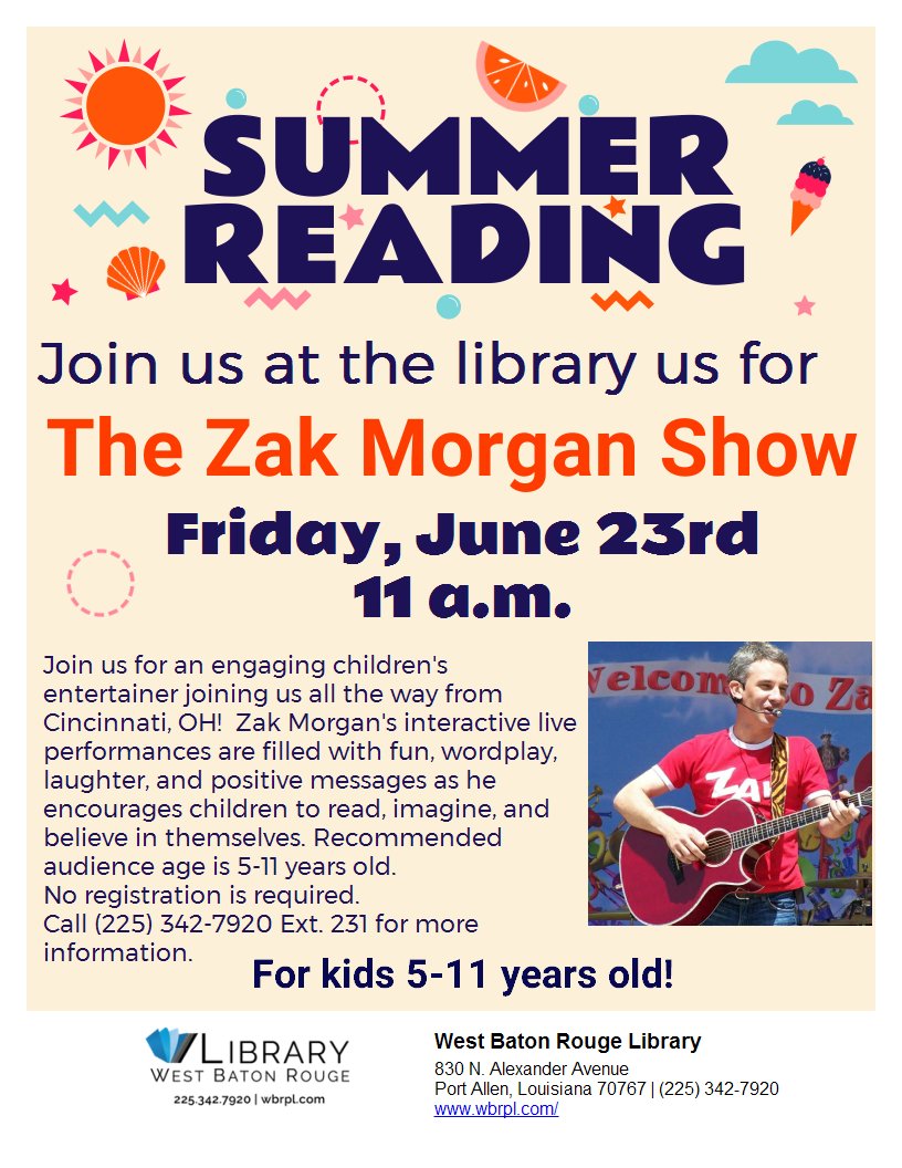 Hosted by the WBRP Library, check out Zak Morgan's live performance!  For ages 5-11 on June 23rd. #WBReLearning #WBRProud