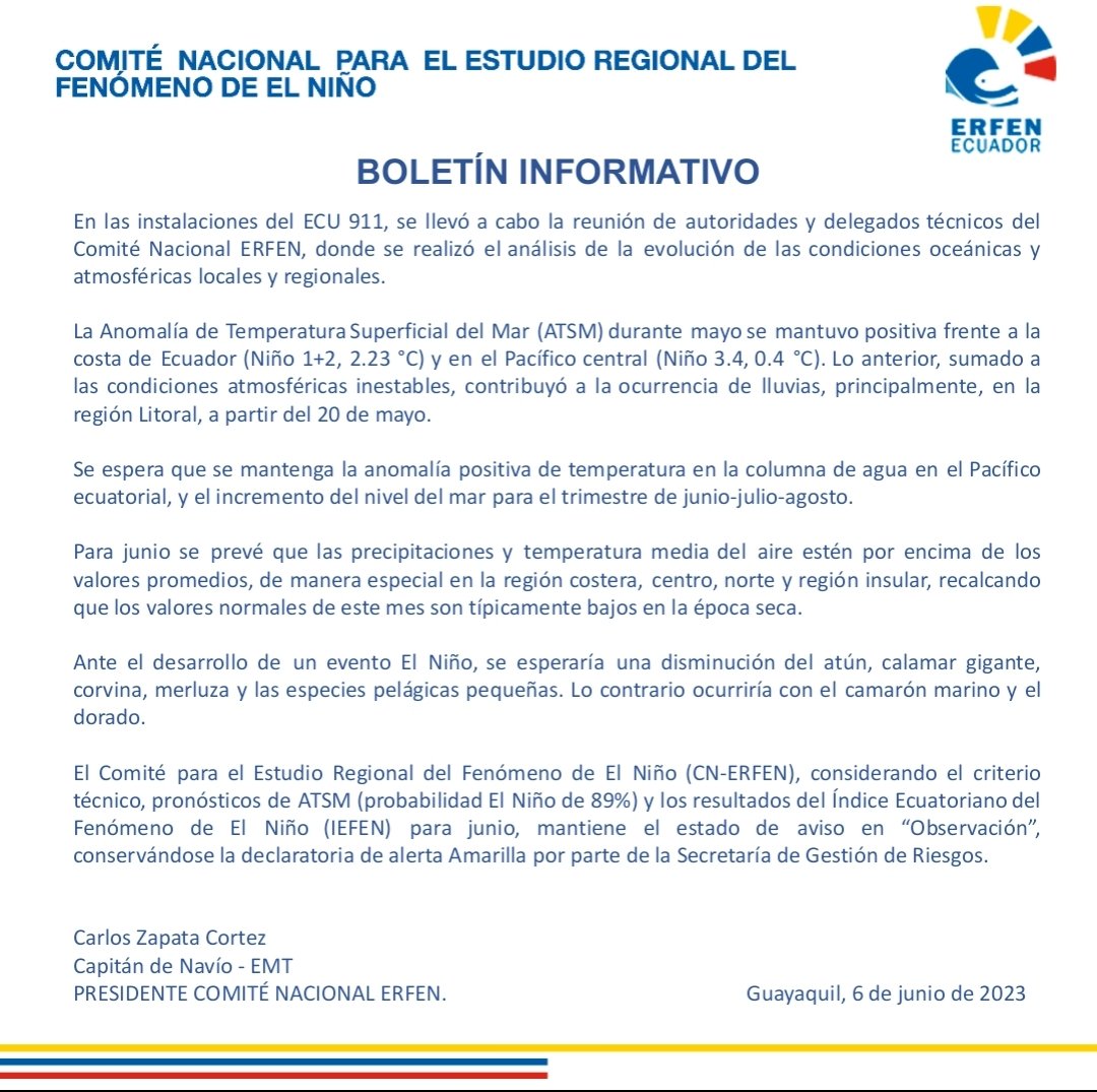 El Comite Nacional #Erfen, luego de su reunión técnica informa a la comunidad 👇👇