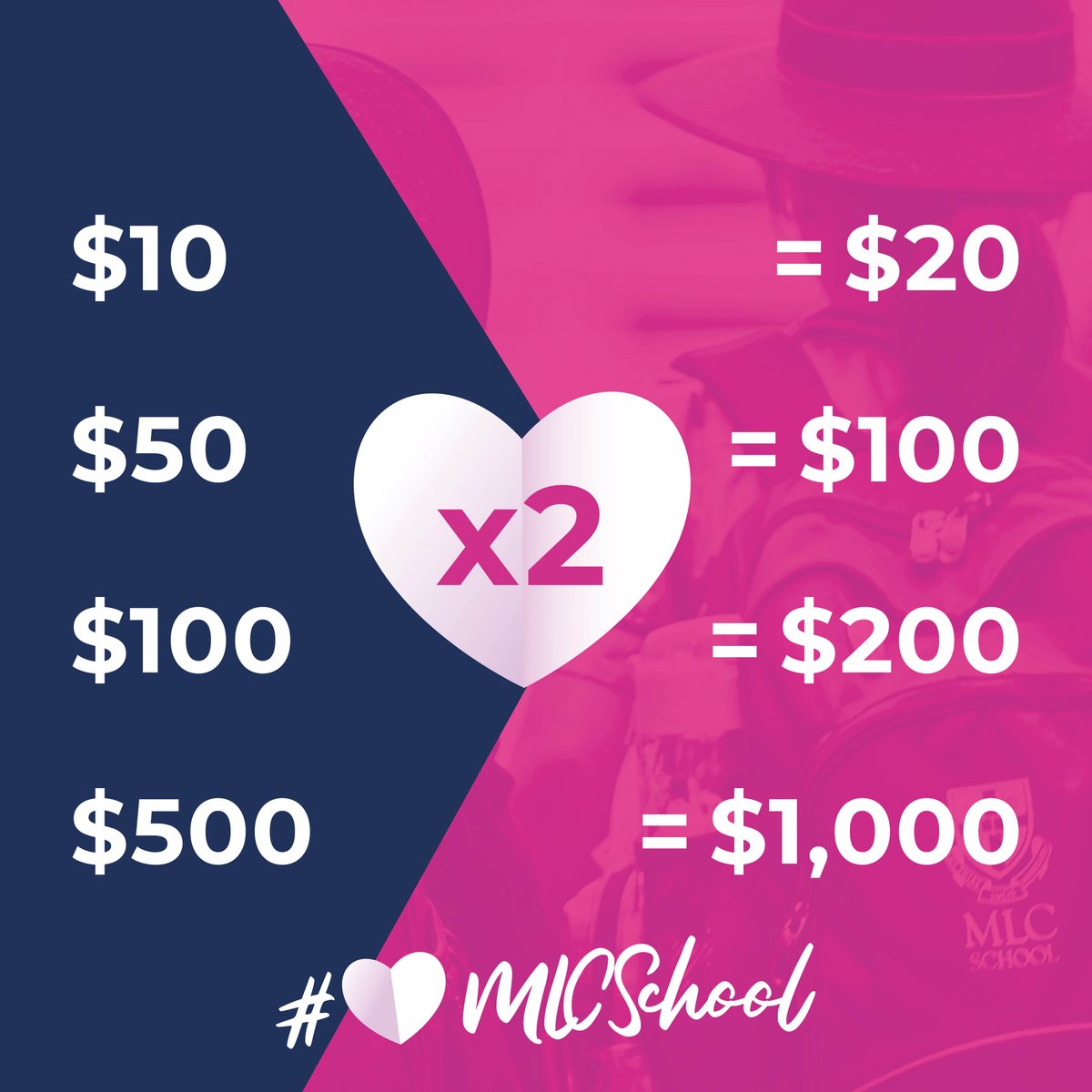 Show you ❤mlcschool and donate now!

❤mlcschool Giving Day is now LIVE!

Please open your ❤ and help support Indigenous scholarships.

Your gift of any size will be doubled during the next 24 hours.

Visit giving.mlcsyd.nsw.edu.au to donate.

#❤mlcschool