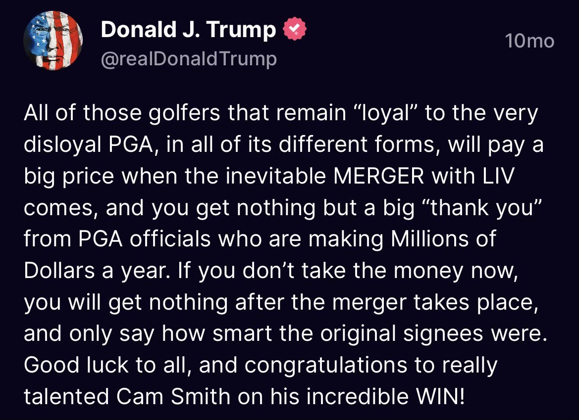 Trump perfectly predicted the PGA tour and LIV a year ago. Perfectly. #PGALIV #PGAandLIV