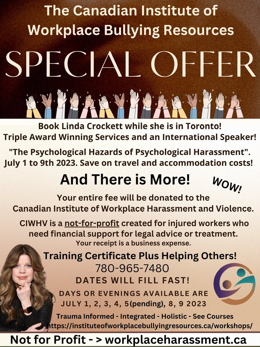 #TraumaInformed In-depth #Training w/certificate offered in return for a #donation to not-for-profit to help #Canadian #injured #workers. Have a #group? Contact us! #bullying #harassment #violence #leaders #ohs #humanresources #lawyers #nurses #teachers #socialworkers #bullied