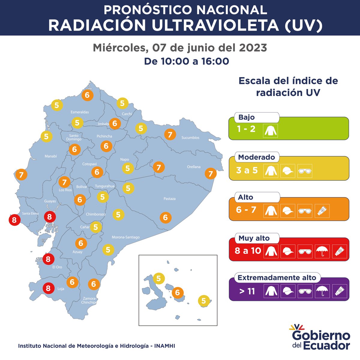 inamhi_ec's tweet photo. #RadiaciónMaximaUVEc | Pronóstico de índices de radiación ultravioleta para el día miércoles, 07 de junio.🌤 https://t.co/HyeDhvZLr3