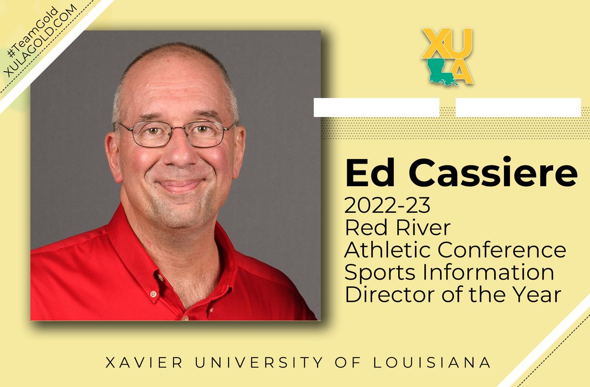 xulagold's tweet photo. Cassiere repeats as RRAC Sports Information Director of Year
story: https://t.co/DDImJcYgPl
#TeamGold #HailAllHailXU #HBCU #XULA 
@CollSportsComm @HBCUSports1 https://t.co/v3hqsblcK9