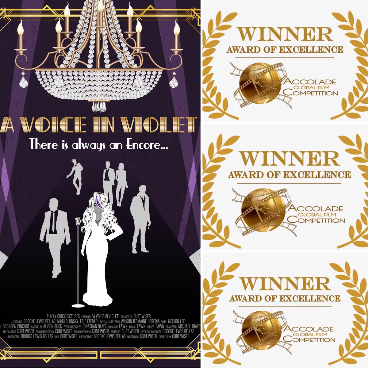 Congrats to the #AVoiceInViolet #Audio #Series Team for winning 4 @AccoladeComp AWARDS: 
1. BEST CAST 
2. BEST VOICEOVER TALENT
@BrookeLewisLA 
#Bronsonpinchot @NikkiBlonsky @EricEtebari @TheNelsonLee @wilsonjheredia_ 
3.SCRIPT @CAMGIRL_movie
4.SCORE/MUSIC 
@CrimsonFaced @Songirl