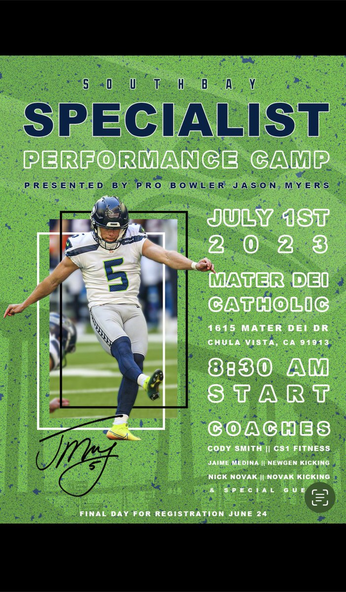 Excited to announce my first camp!              
Kickers - Punters - Snappers 
This camp is going to be COMPLETELY FREE and open to youth / high school / and some college spots. Signs up go live Saturday June 10th and close the 24th. Sign up early!