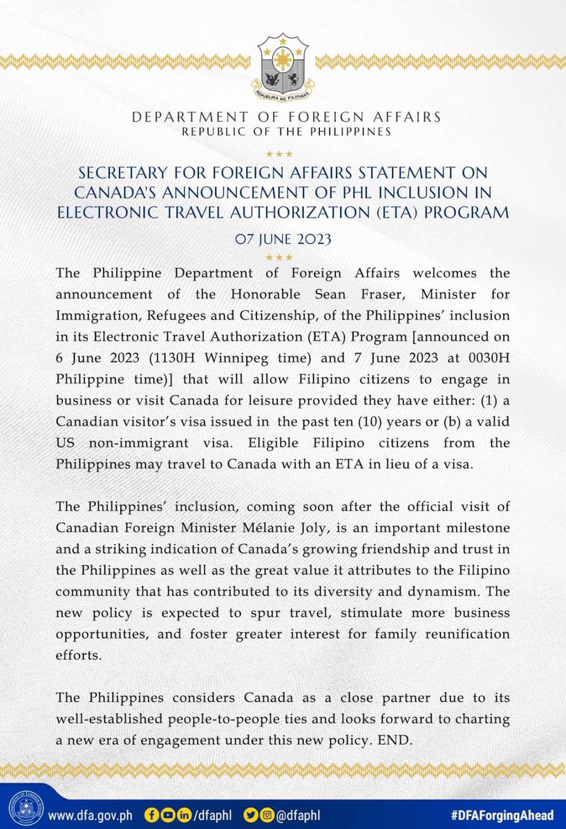 ‼️READ‼️ #DFAStatement: On Canada's Announcement of PHL inclusion in Electronic Travel Authorization (ETA) Program

Also found in this link 👉🏻 tinyurl.com/2xhs3hau

#DFAForgingAhead