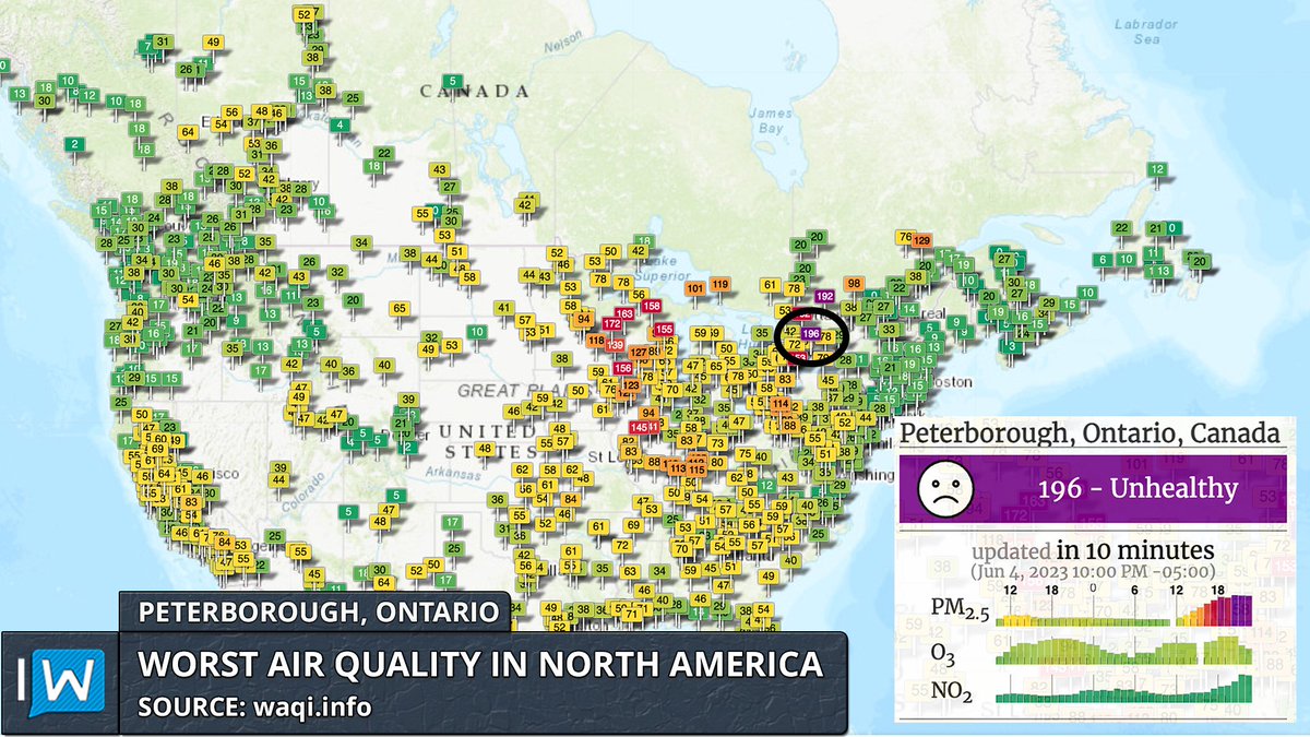 IWeatherON's tweet photo. #ONStorm #ONwx Peterborough is currently experiencing the worst air quality in all of North America!

This is due to the wildfire smoke that has drifted into Southern Ontario from the ongoing fires in Quebec.

Unfortunately, tomorrow will bring even more smoke leading to worsening air quality.

Please consider limiting your exposure to the outside over the next few days if you have any respiratory issues. Even if you haven't experienced issues so far, this will likely be the worst air quality we've seen in quite a long time.

Map from https://t.co/ONzgBMFjfp

- Brennen