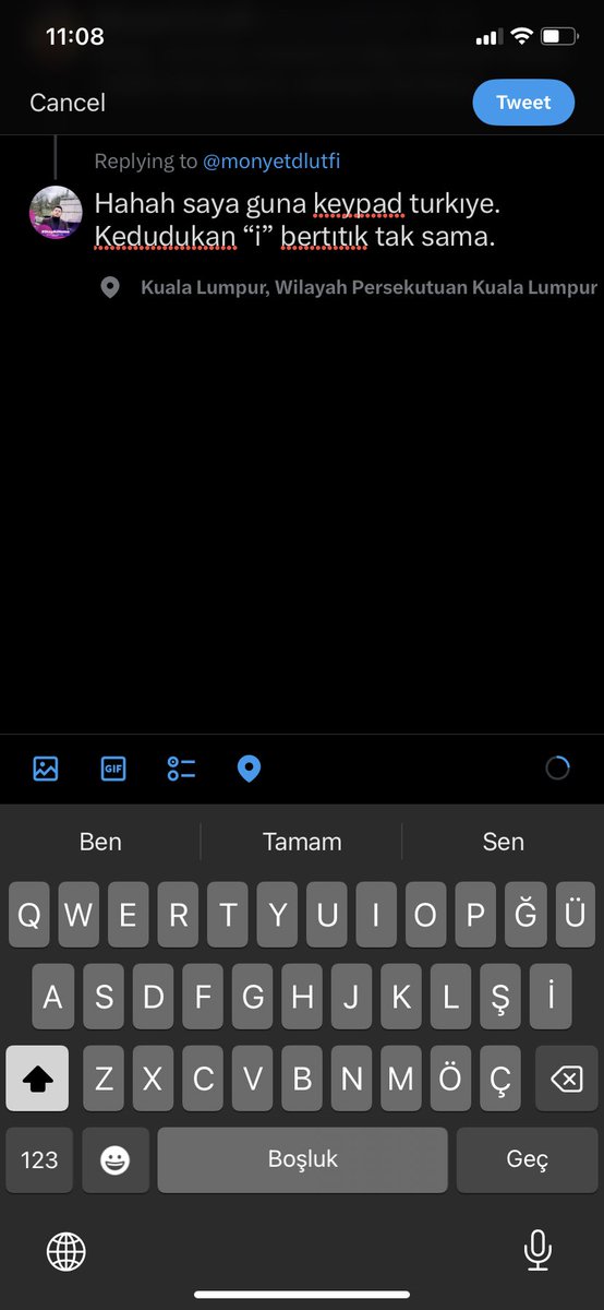 @monyetdlutfi Hahah saya guna keypad turkıye. Kedudukan “i” bertıtık tak sama. Hehe