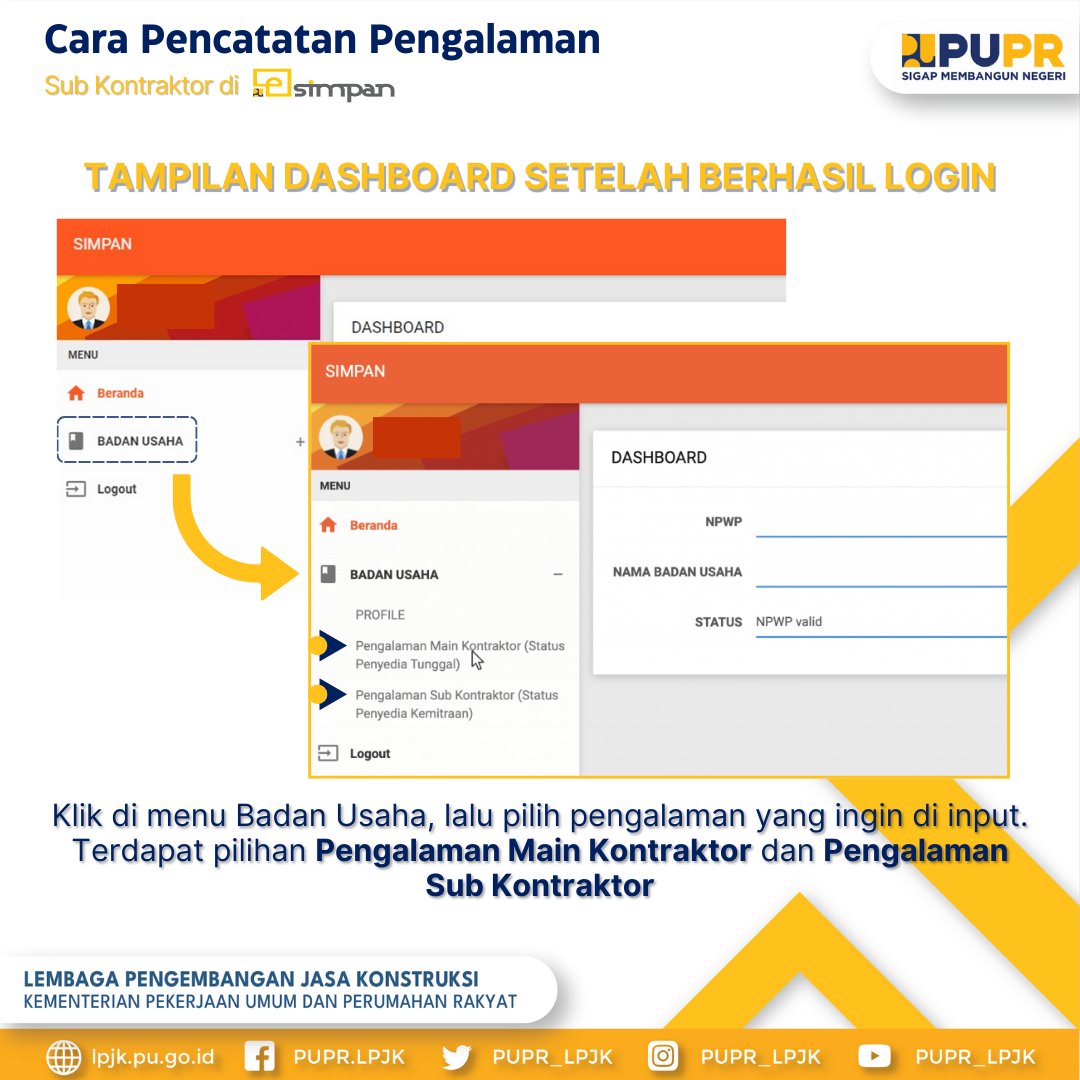 PUPR_LPJK's tweet photo. Untuk informasi Tata Cara Pencatatan Pengalaman Sub Kontraktor pada e-SIMPAN, #sahabatpupr bisa cek di bawah ini yaa https://t.co/wyZyoNGZ5S