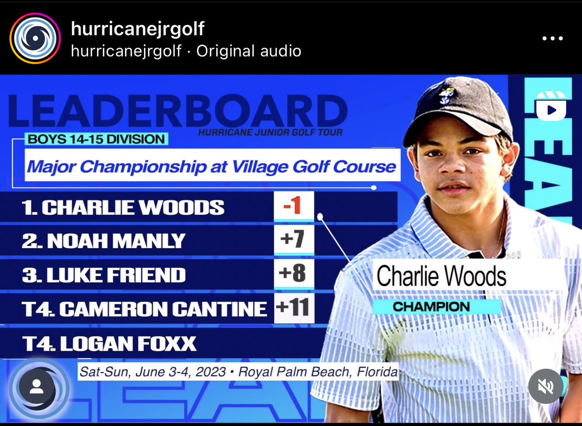 TWlegion's tweet photo. 🚨A victory for Charlie on the Hurricane Junior Tour this weekend with TW in attendance, finishing under par for 36 holes. Tiger is an investor in the Tour. (📸: @HJGT) https://t.co/eFHFqwg7kZ