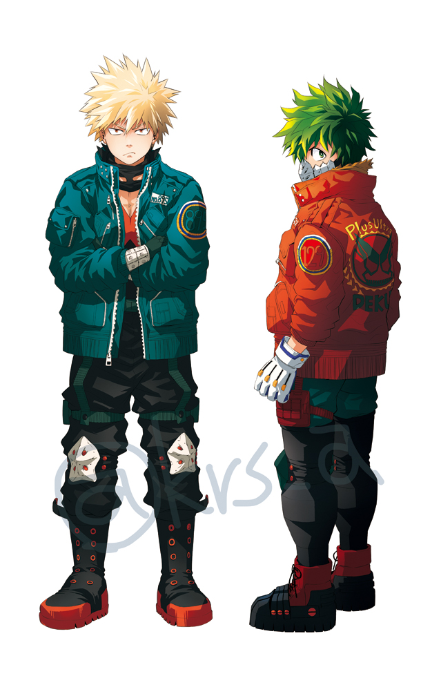 bakugou katsuki ,midoriya izuku multiple boys 2boys jacket spiked hair male focus blonde hair green hair  illustration images