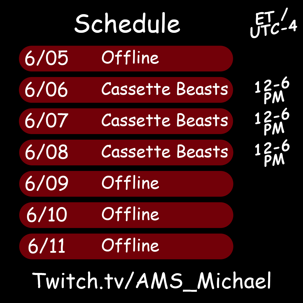 AMS__Michael's tweet photo. Stream schedule for this week!

We are going hard on actually finishing Cassette Beasts this week before I have to shift my gears primarily to work projects. It would feel bad to leave the run hanging haha.

Final Fantasy 10 should resume next week! https://t.co/dE2sL8kHCk