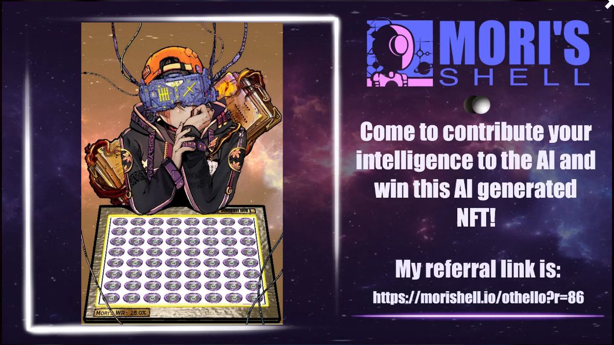 GhipongMan's tweet photo. Wow, I received a #morisshell Honor NFT, generated by the #AI! 🤖
@MorisShell
Come to play together against the AI and contribute your intelligence to the training data to earn big rewards: https://t.co/Rytn4BL9i8 https://t.co/GmHtUSZFf4