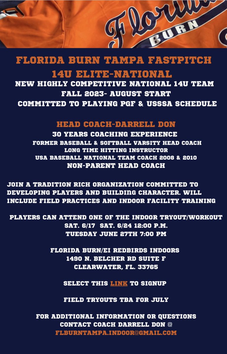 Florida Burn Tampa (@flburntampa) on Twitter photo Florida Burn Tampa Fastpitch 14U begins June 17! Join a highly competitive 14U team! <a href="/ddon10/">Darrell Don</a> Florida Burn Tampa Fastpitch 14U begins June 17! Join a highly competitive 14U team! <a href="/ddon10/">Darrell Don</a>