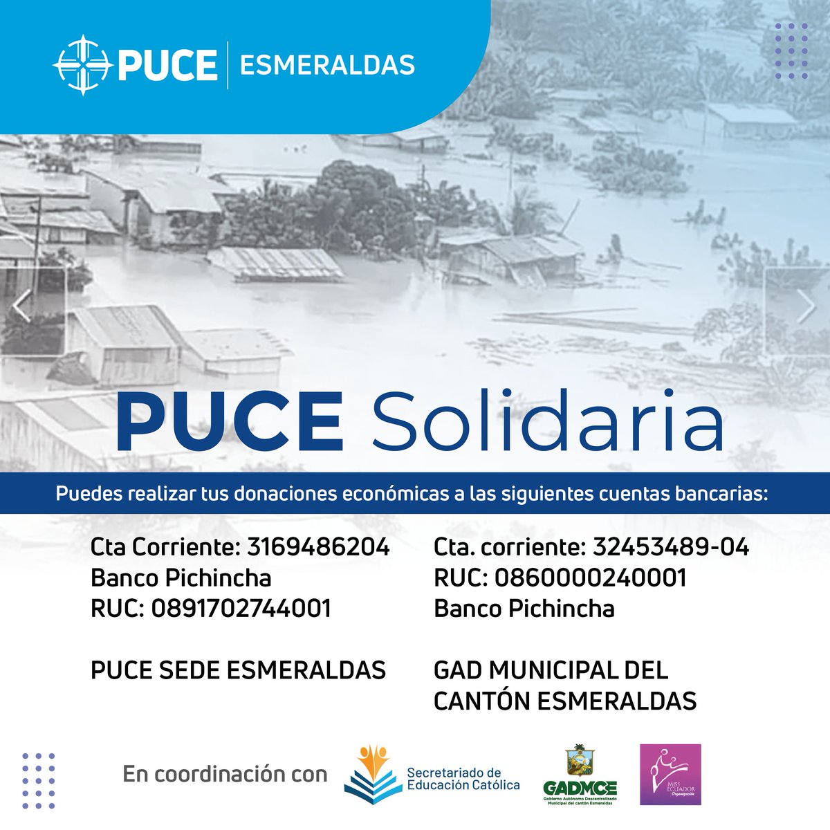 #PUCE SOLIDARIA | #Esmeraldas 

Frente a la situación de emergencia que atraviesa nuestra provincia activamos el protocolo de solidaridad, como centro de acopio.  

#EsmeraldasSOS 
#SomosPUCE

<a href="/PUCE_Ecuador/">PUCE Ecuador</a>
<a href="/AlcaldiaEsme/">Alcaldía Esmeraldas</a> 
@nayegonzalezu