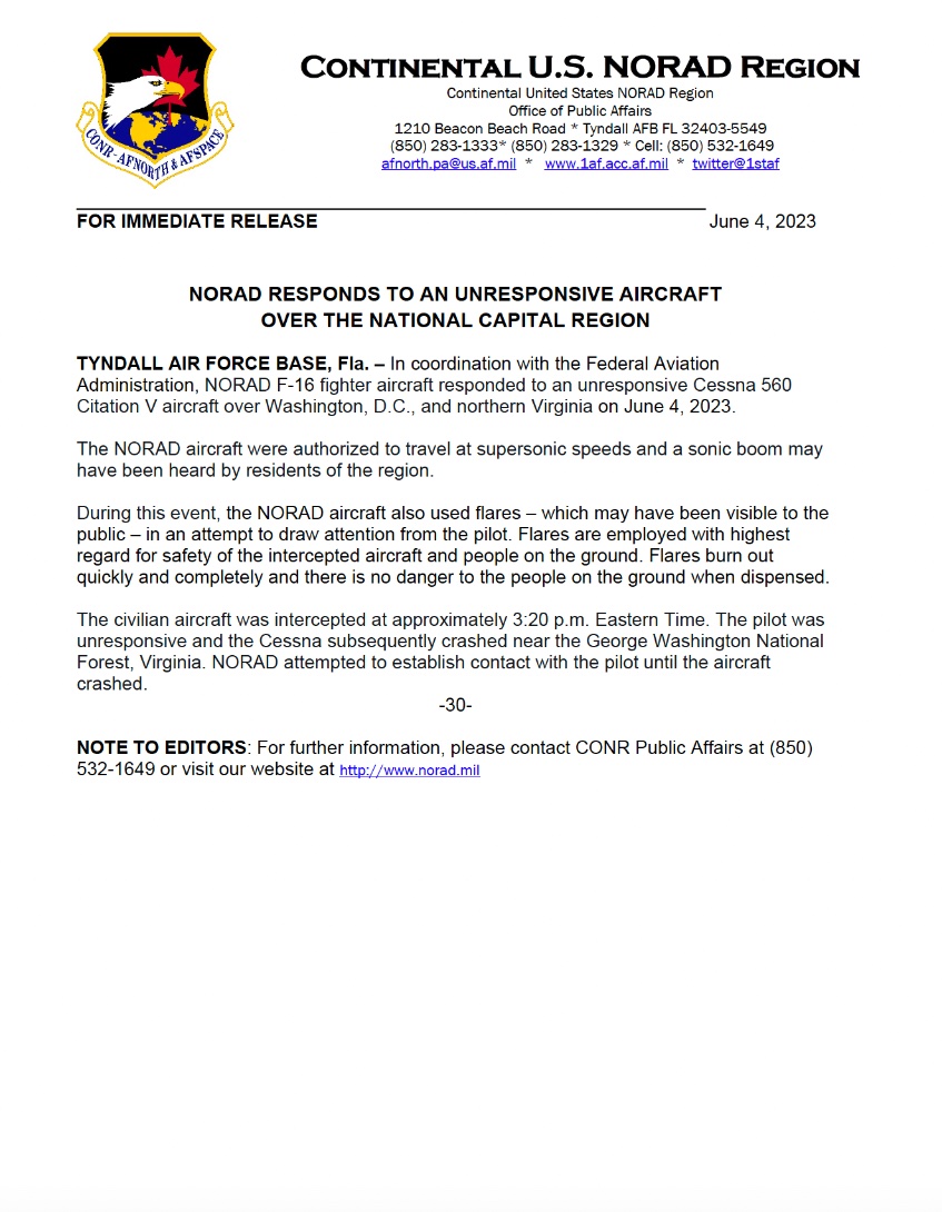 NORAD Responds to an Unresponsive Aircraft over the National Capital Region