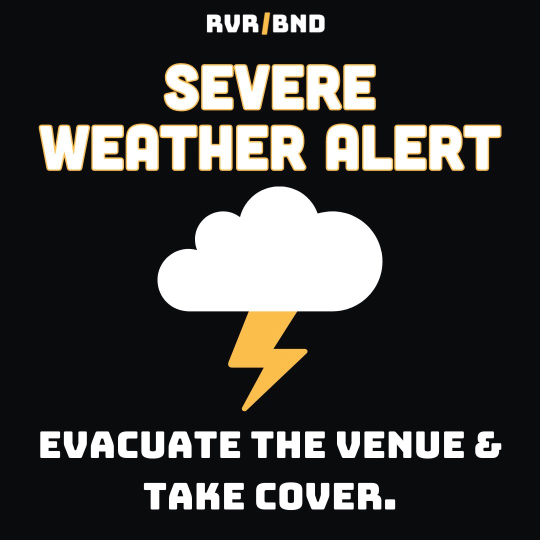SEVERE WEATHER ALERT: We are evacuating the venue due to severe weather in the area. Please evacuate immediately and take cover! 

The parking garage behind Cold Stone Creamery is the closest open shelter.

Standby for an all clear and keep an eye on our social media for updates.