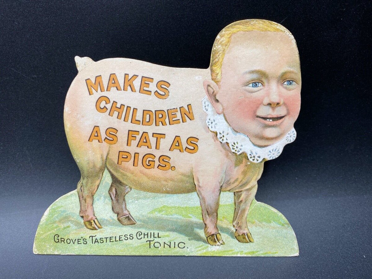 "Grove's Tasteless Chill Tonic", die cut advertising card, mid-1890s. This thick syrup was given to kids (and adults!) as a preventative and relief of malaria and its resulting chills and fever🐷