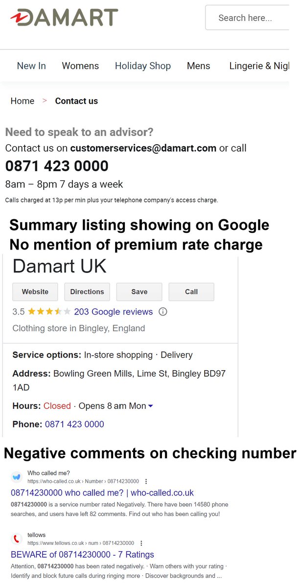 MikeGalloway's tweet photo. What an apalling company! Using premium 0871 number for "customer service". Note very very small print about cost of calling on website, a clear attempt to hide, but NOT shown on Google listing. I hope  @Damart_uk contact me before I need to complain to @PSAuthorityUK #FAIL https://t.co/2QIK7G9Yhr
