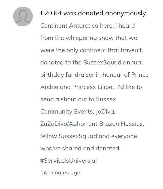 Breaking News! 
Antarctica showed up! 
Now, we’ve received donations from every continent!  
#PrincessLilibet2 
#PrinceArchie4 
#KABOOM
#SussexSquad