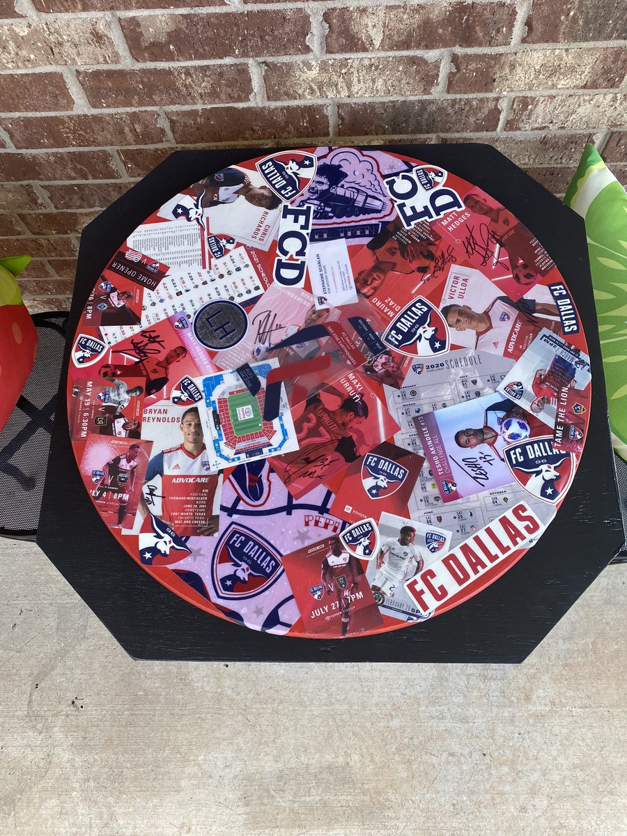 Steph_Scanlan's tweet photo. What do you do when you have a lot of older @fcdallas mementos that just sit in a box? You make a custom patio table! Thank you @3bratsmom for the help and @fcdallas for the memories 😀 https://t.co/FFazETpU0y