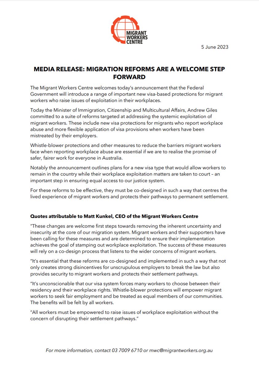 MEDIA RELEASE: These migration reforms are a welcome step forward. #auspol #migrantworkers