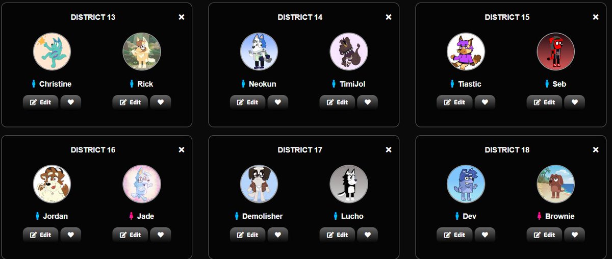 District 13: (@ChristineL22596 and @Rickitydoodle)

District 14: (@Neokun_25 and @TimiJol)

District 15: (@enjoyer0fstuf and @seb_505)

District 16: (@doubtl8ss and @Riftyparx)

District 17: (@A_MacStudios and @ValianteLuciano)

District 18: (@developer112206 and friend in rl)