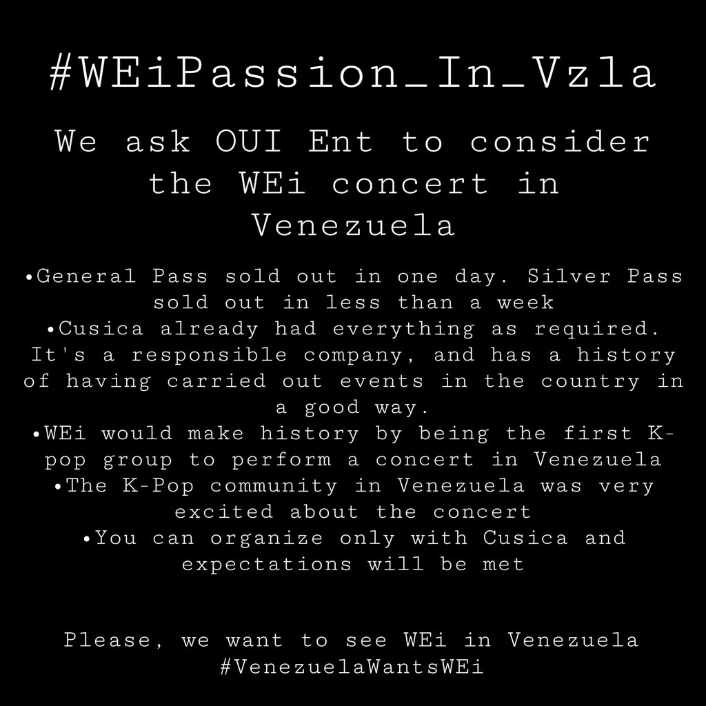 WEiVenezuela's tweet photo. @OUI_ent Please, consider doing the concert in Venezuela

@OUI_ent #WEiPassion_In_Vzla @WEi__Official @CusicaVzla @ConcertsMusicVe https://t.co/KqLOieBlJ2