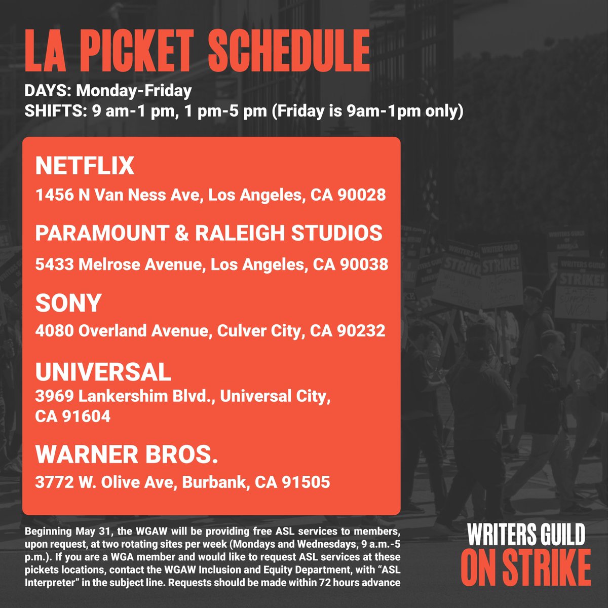 Week 6 picket schedule 🪧 #WGAStrike