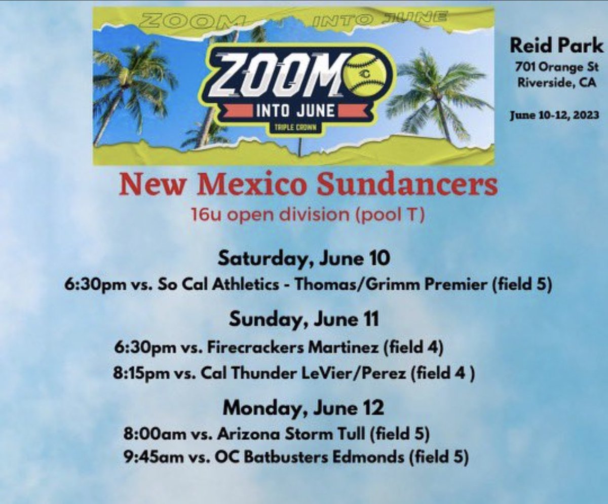 NM Sundancers 16u (@16u_nm) on Twitter photo NM Sundancers 16u will be in Riverside, California next weekend for the Zoom Into June Triple Crown Tournament. If you’re in the area, come out and watch us play. Here is our schedule! 🥎😉
#NMSundancers #TripleCrown #SunSisters <a href="/TopPreps/">College Coaches / Scouts / College Recruiters</a> <a href="/triplecrownspts/">Triple Crown Sports</a> <a href="/Sundancers_NM/">New Mexico Sundancers</a> NM Sundancers 16u will be in Riverside, California next weekend for the Zoom Into June Triple Crown Tournament. If you’re in the area, come out and watch us play. Here is our schedule! 🥎😉
#NMSundancers #TripleCrown #SunSisters <a href="/TopPreps/">College Coaches / Scouts / College Recruiters</a> <a href="/triplecrownspts/">Triple Crown Sports</a> <a href="/Sundancers_NM/">New Mexico Sundancers</a>