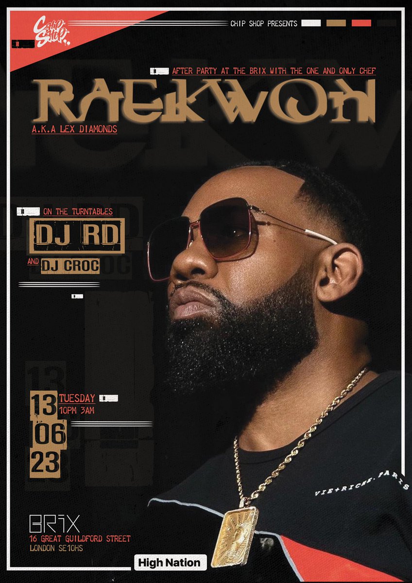 Chip Shop presents 

The <a href="/Raekwon/">Raekwon The Chef</a> After party at BRIX 

 chipshopbxtn.com/whats-on