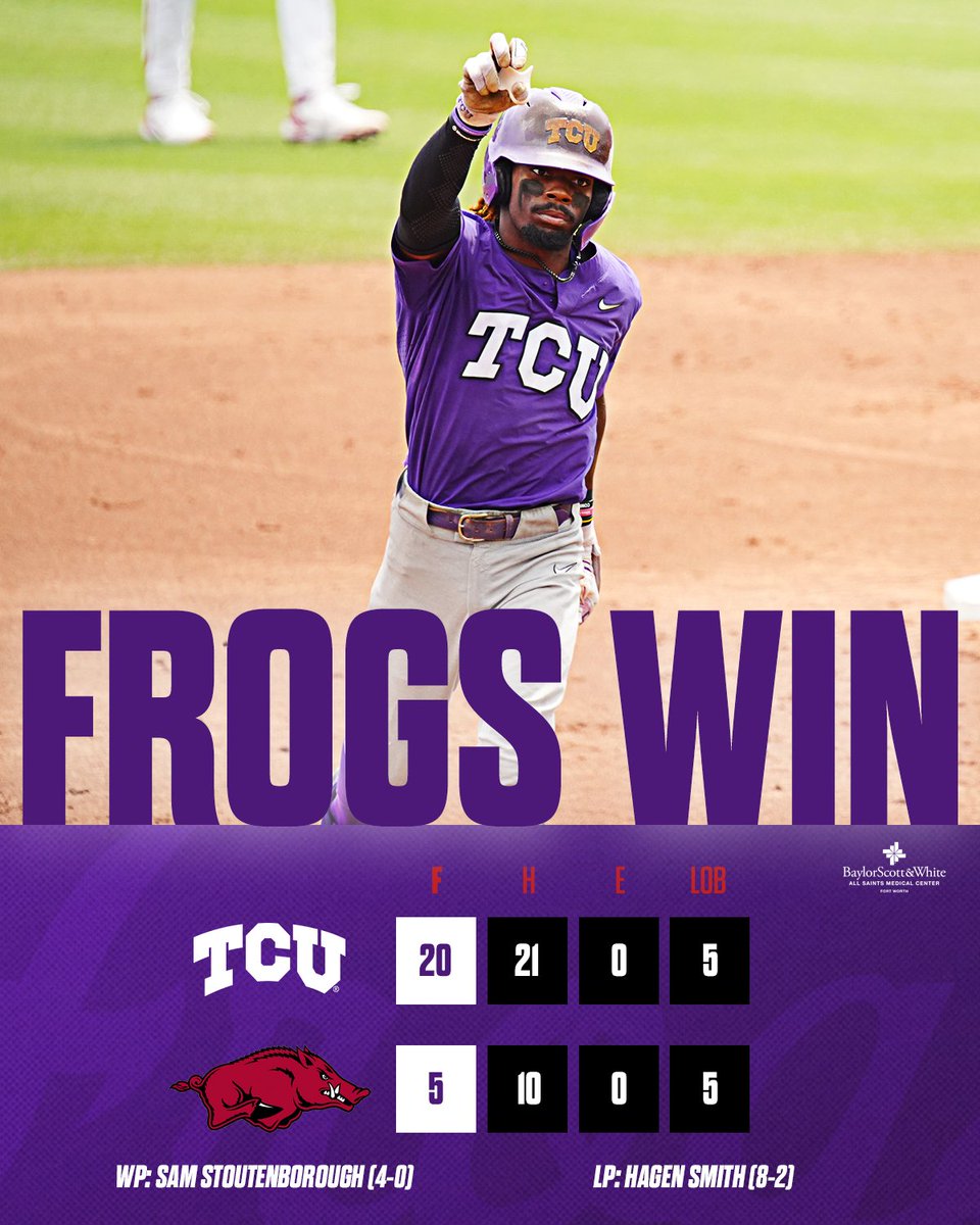 FROGS WIN!! TCU runs its winning streak to eight in a row and is 2-0 in the NCAA Fayetteville Regional! #FrogballUSA | #GoFrogs