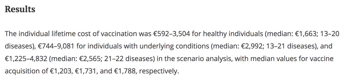 buzzhollandermd's tweet photo. @TracyBethHoeg @HedgeyeEEvans @akheriaty @KelleyKga @caseybmulligan @DrJBhattacharya @MartyMakary None, and that # is not easily found via google. This study with lifetime costs https://t.co/6RJYhzNofk
implies a rather similar ballpark; again, my wholesale costs for a lifetime of vaccines is ~$3000, close to these nmbrs (which incl more than just the vaccine cost as per VFC). https://t.co/DEg6ndAzfV