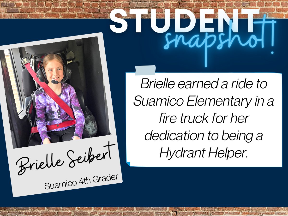 Brielle Seibert earned a ride to <a href="/SuamicoElem/">Ryan Welnetz</a> in a fire truck to recognize her hard work as a Hydrant Helper. Every year, the <a href="/SuamicoFD/">Suamico Fire Department</a> enlists Hydrant Helpers to clear the snow around fire hydrants to save time during a fire. #StudentSnapshot 🚒