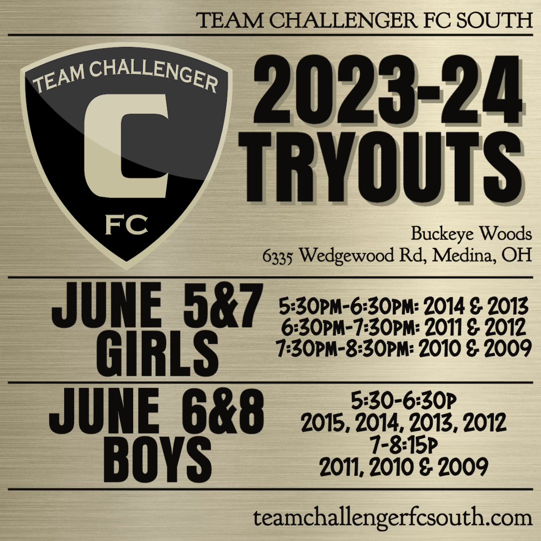 TRYOUTS start TOMORROW for TCFC SOUTH! Register now at teamchallengerfcsouth.com 🖤💛