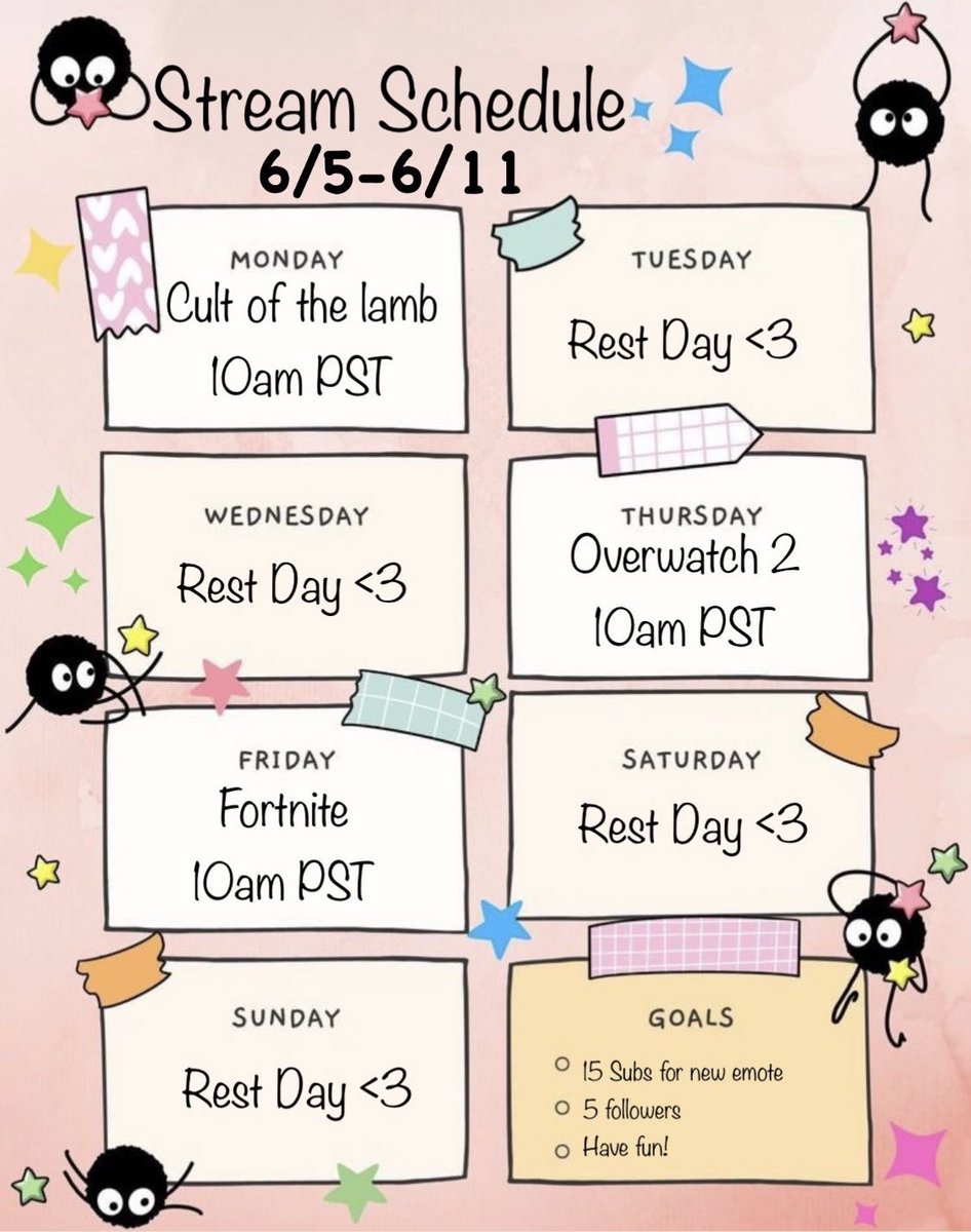 This weeks new schedule! Sorry for the week off needed to recover from my three day weekend lol
#DeadLee #streamschedule #FlowerGarden #Fortnite #Overwatch2 #CultoftheLamb