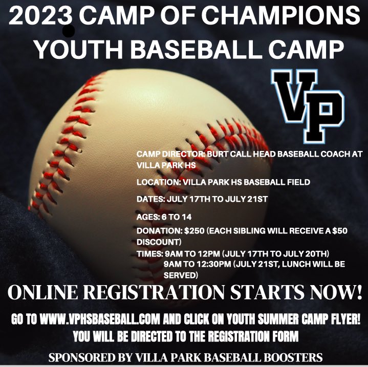 2023 Summer Registration for the
Youth Baseball Camp is now available on VPHSBaseball.com  <a href="/VPHSathletics/">Villa Park Athletics</a>