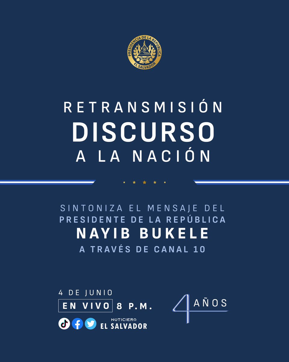 Vuelve a vivir el Discurso a la Nación que brindó el Presidente <a href="/nayibbukele/">Nayib Bukele</a> el 1 de junio en la <a href="/AsambleaSV/">Asamblea Legislativa 🇸🇻</a>. 

Sintoniza la retransmisión hoy a las 8:00 p. m. por <a href="/NoticieroSLV/">Noticiero El Salvador 🇸🇻</a>. 

#4Años 
#YaNoSomosLosMismos
