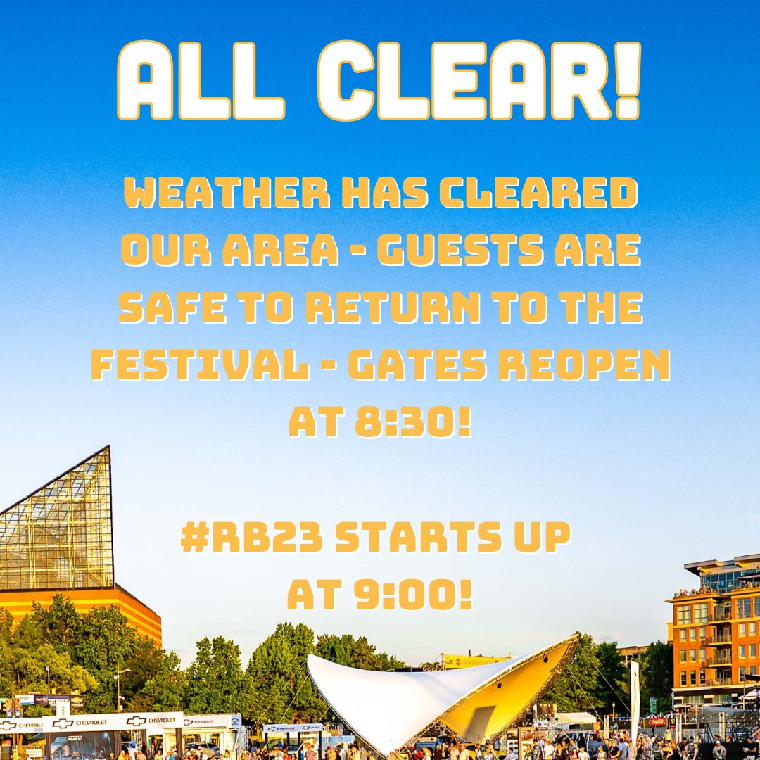 ALL CLEAR! Weather has cleared our area so festival goers are clear to return to the festival. Gates will reopen at 8:30.

#RB23 will start back up at 9:00 pm with @lesclaypool’s Fearless Flying Frog Bridgade on the Ultra Stage!