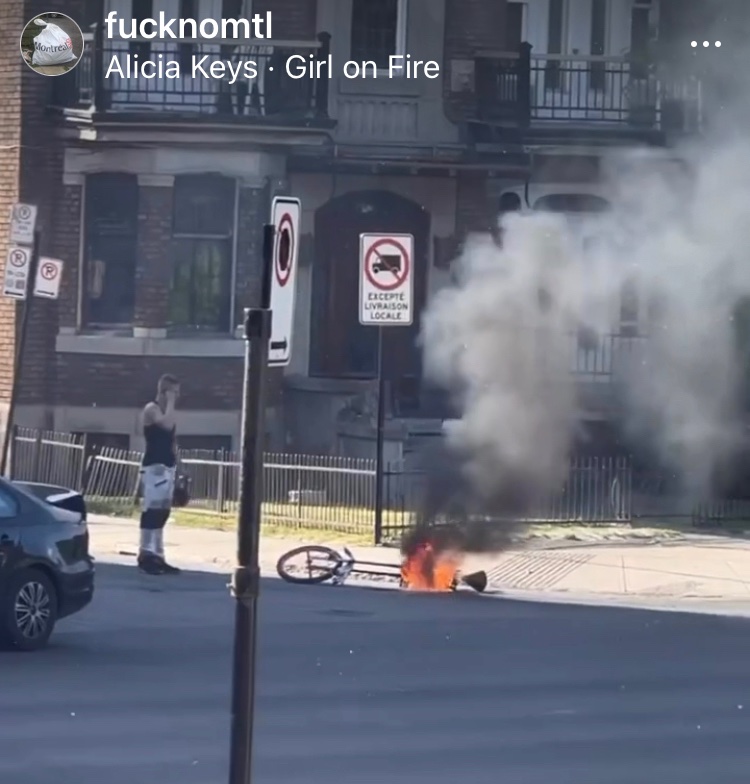 Is this a shot of a unicyclist calling 911 because he fell while juggling fire? Don’t make me ask twice. #mtlmoments full video on the IG