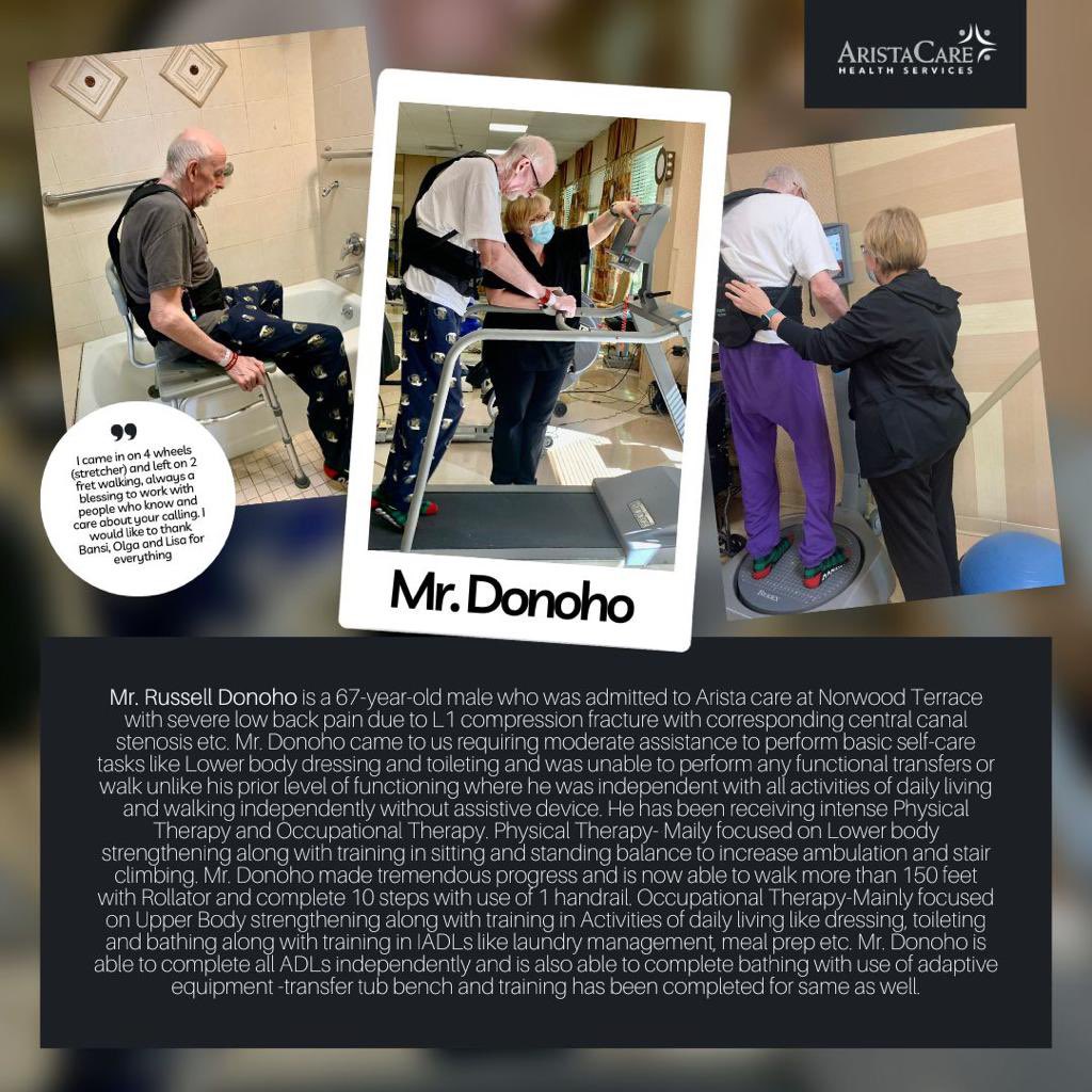 REHAB SUCCESS STORY! ✨

Mr. Donoho shared with the team: "I came in on four wheels (stretcher) and left on two feet walking, always a blessing to work with people who know and care about your calling. I would like to thank Bansi, Olga, and Lisa for everything." 💪

#AristaCare