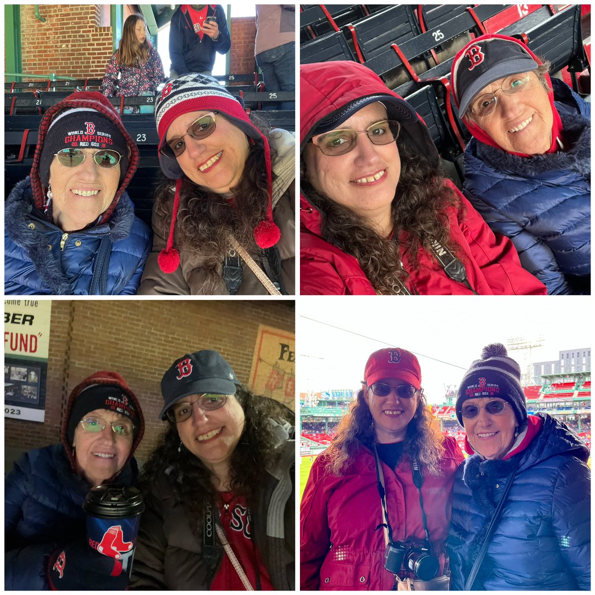 Red_Sox_Diehard's tweet photo. Mom and me at 4 different games in 4 different months - March, April, May, and June. Will summer ever come? #NewEnglandweather #STHproblems https://t.co/y0nkOzqaBv