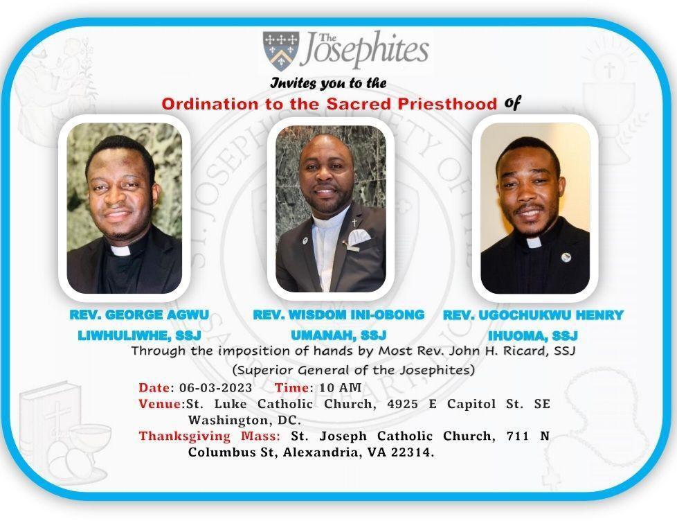 incarnationdc's tweet photo. #ICYMI We have 3 new  @TheJosephites priests! 
God bless you and your ministry  Rev. George Agwu Liwhuliwhe, SSJ, Rev. Wisdom Ini-Obong Umanah, SSJ and Rev. Ugochukwu Henry Ihuoma, SSJ !!!🙏🏾🙏🏾🙏🏾 #prayforvocations #🙏🏾 #prayforpriests https://t.co/FRrRqejbqJ