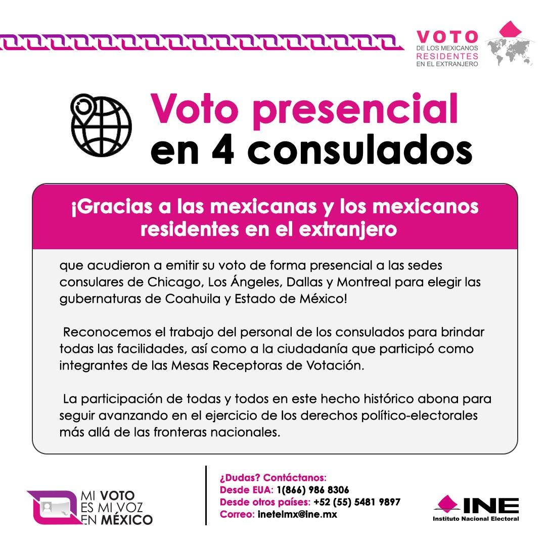 🌎 Gracias a las y los mexicanos residentes en el extranjero que acudieron hoy a emitir su voto presencial en las sedes consulares de Chicago, Dallas, Los Ángeles y Montreal para elegir las gubernaturas de #Coahuila y el #Edomex. #Elecciones2023MX #VotoExtranjero