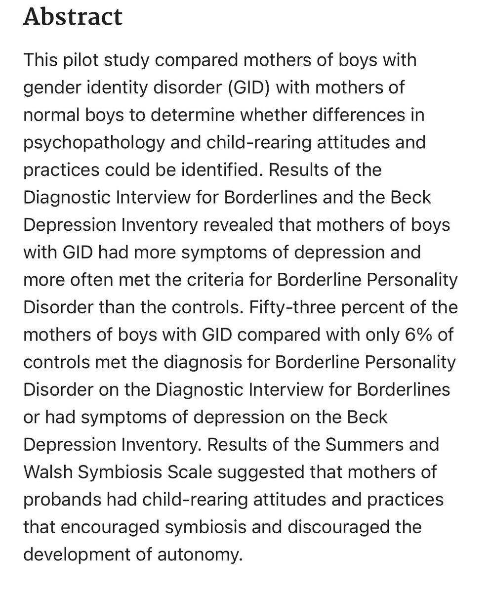 Study shows that 53% of mothers of boys with Gender Identity Disorder (GID) have borderline personality disorder or depression

These mothers also had child-rearing attitudes and practices that encouraged symbiosis and discouraged the development of autonomy.…