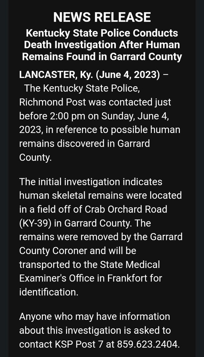 #BREAKING - Lancaster, KY

KSP investigating after skeletal remains found in Garrard County. 

#GarrardCounty #Kentucky #remains #MissingPerson #Missing