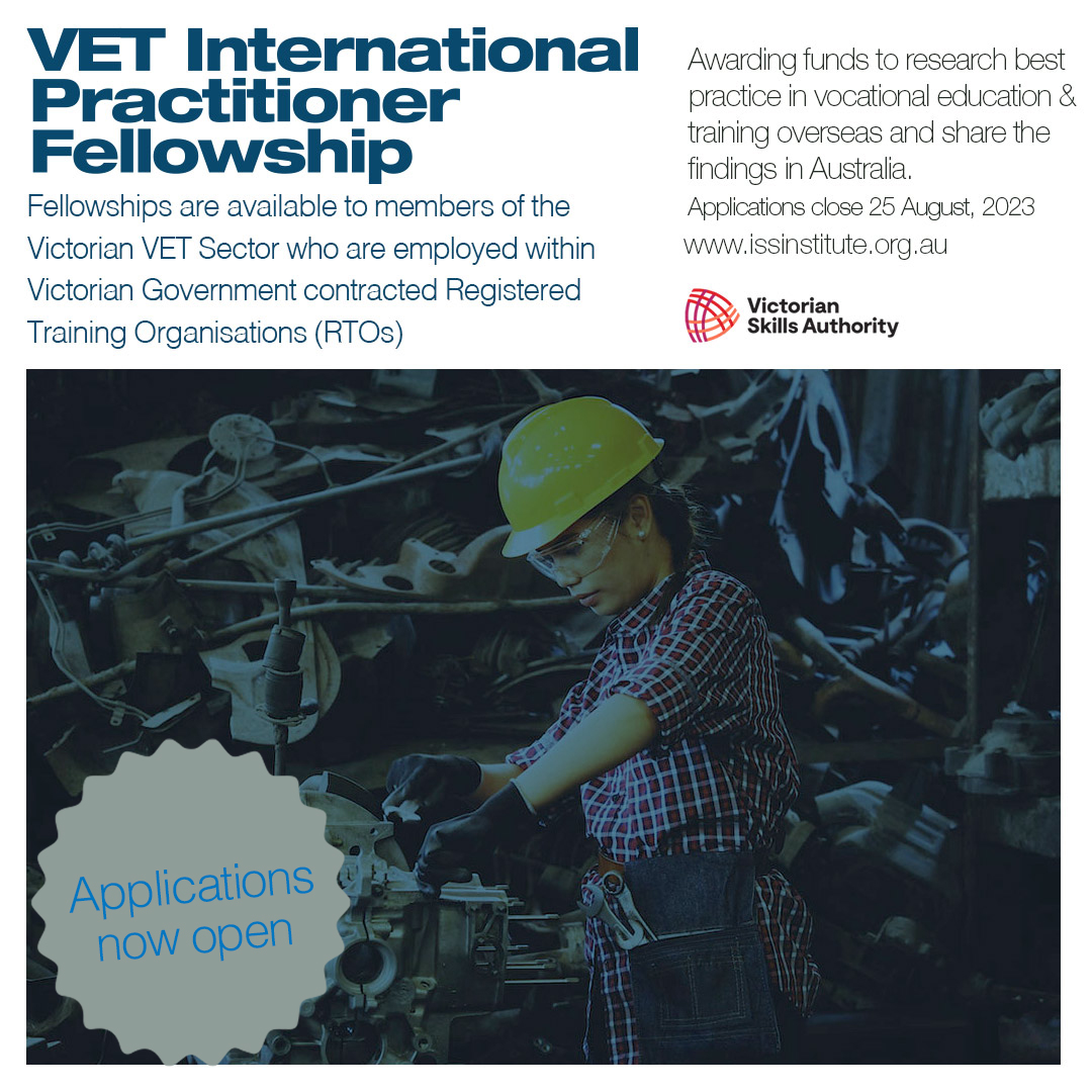 The VET International Practitioner Fellowship is now taking applications. This Fellowship awards $13,000 to travel overseas to research best practice in the vocational education &amp; training sector. For more details visit our website issinstitute.org.au

#fellowship